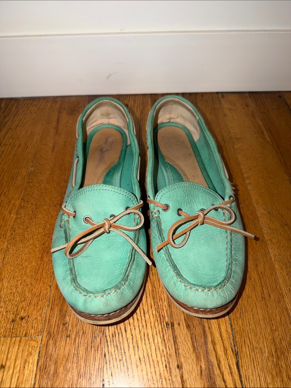 Frye Teal Leather Boat Loafers with Tan Laces